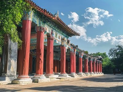 庆州佛国寺古典寺庙建筑，红色立柱与白色墙壁在青山绿水间静静矗立，历史感厚重