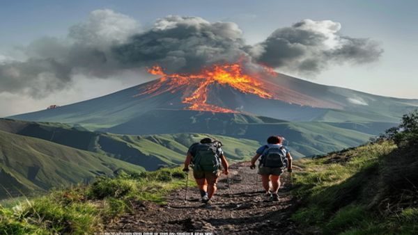 济州岛汉拿山徒步视频封面，旅行者背着登山包在绿色山道上行走，远处可见火山口全貌