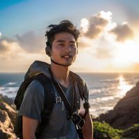 金宇轩头像，男性旅行摄影师，戴着相机挂绳，背景是釜山海云台海滩，阳光充足