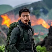 陈浩然头像，年轻男性背包客，穿着休闲，背景是济州岛绿色火山口，户外气息浓厚