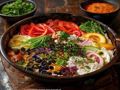 韩国传统石锅拌饭近景，五颜六色的蔬菜配料铺满石锅，底部有焦香锅巴，视觉诱人
