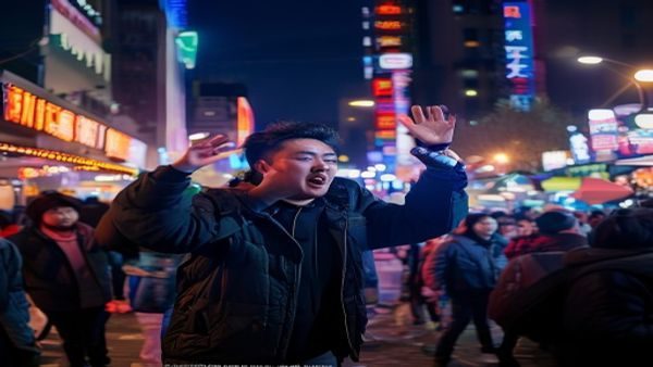 首尔弘大街头直播画面，主播手持话筒介绍路边摊美食，背景是热闹的夜市人群与霓虹灯