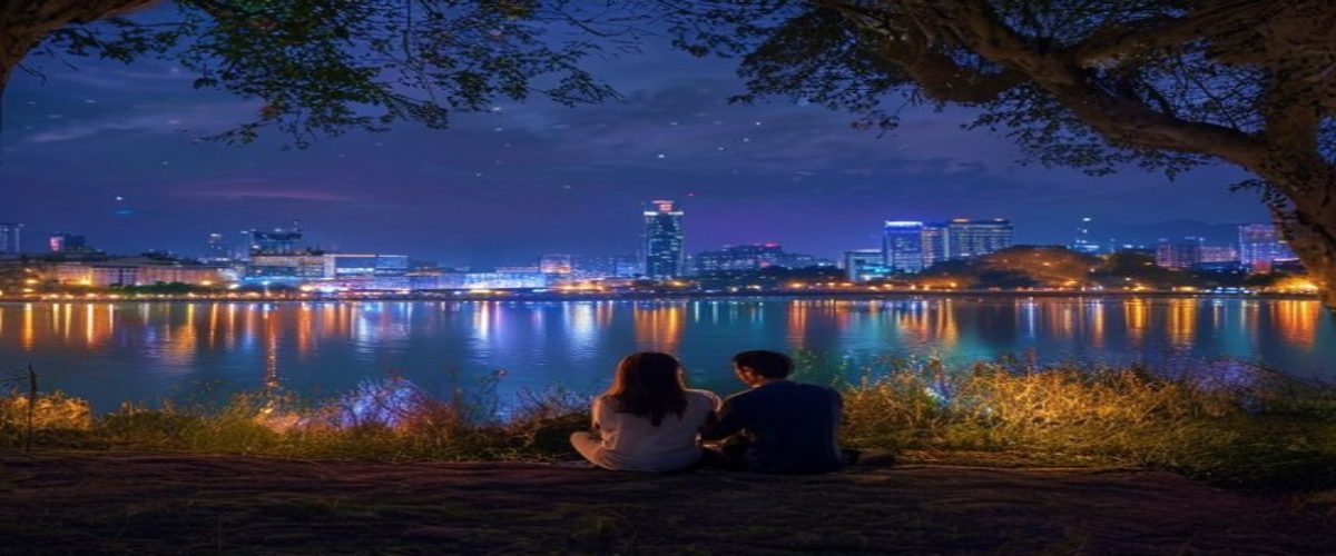 首尔汉江公园夜景，年轻情侣坐在草坪上欣赏对岸璀璨夜色，画面温暖浪漫充满韩剧氛围